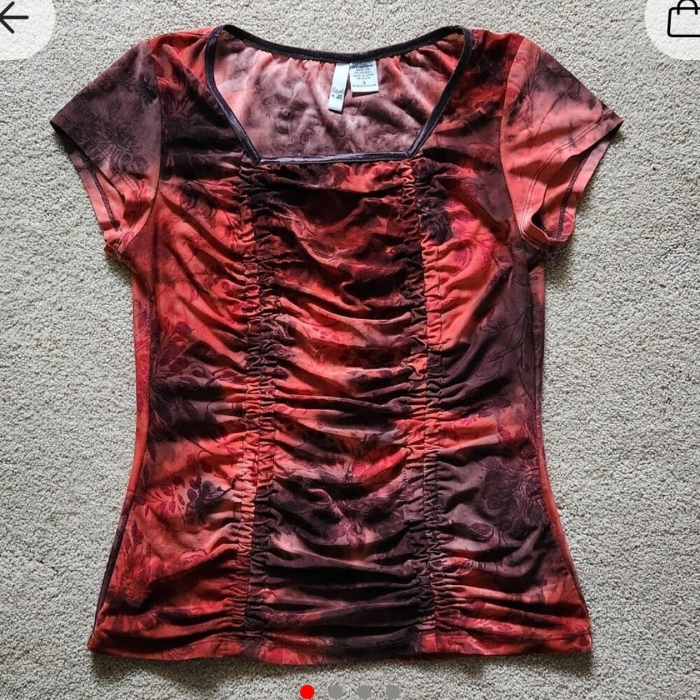 Y2k Orange and brown patterned ruched square neck top